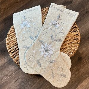 Splendid Home‎ Linen Blend Embroidered Poinsettia Lined Christmas Stockings
